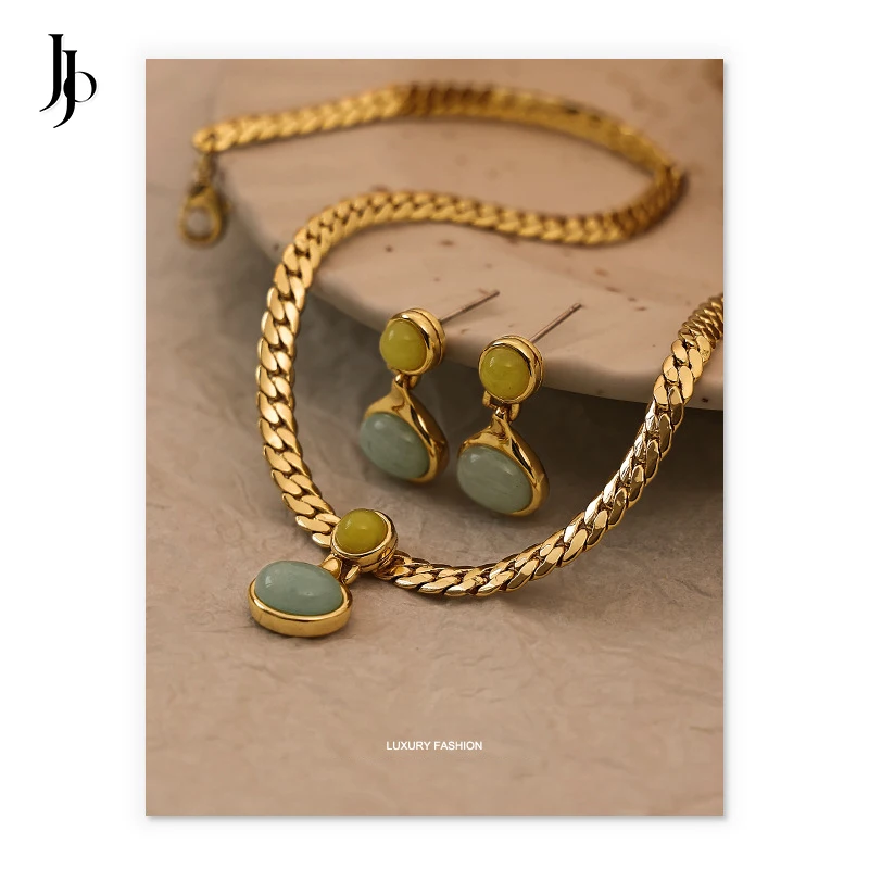 JOJO Fashion 2023 luxury 18k gold plated brass necklace and earrings set natural stone necklace pendant women