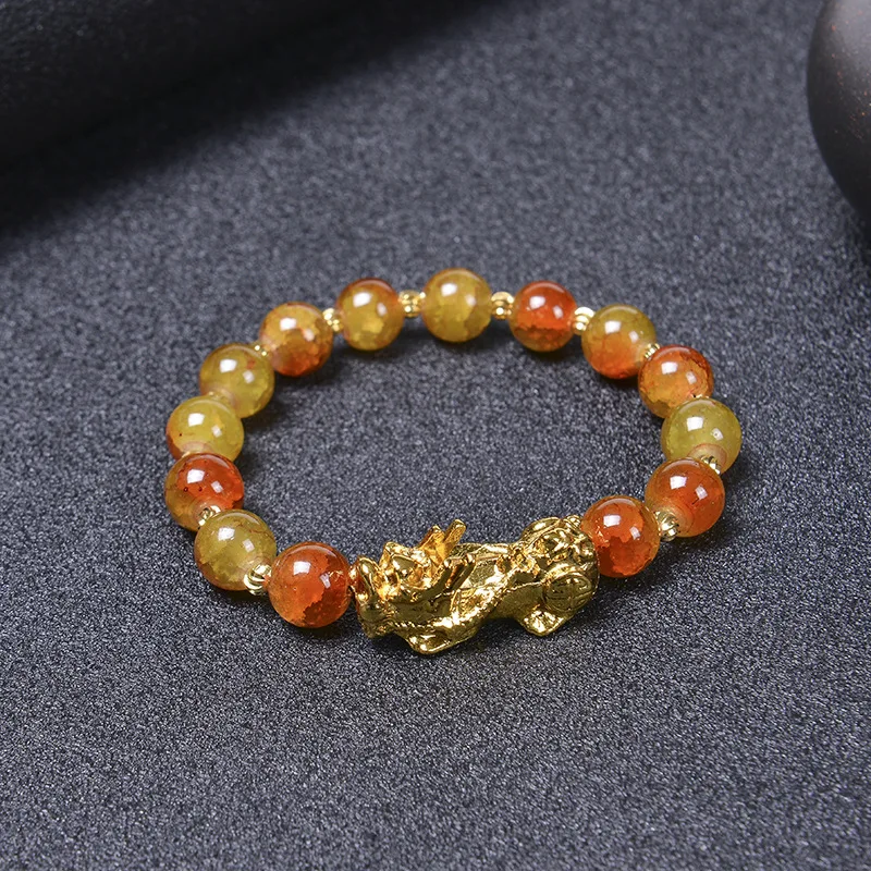 SC 2024 New Colorful Strech Simulated Jade Beaded Bracelets Feng Shui Wealth Glass Bead Gold Plated Pixiu Bracelet For Women