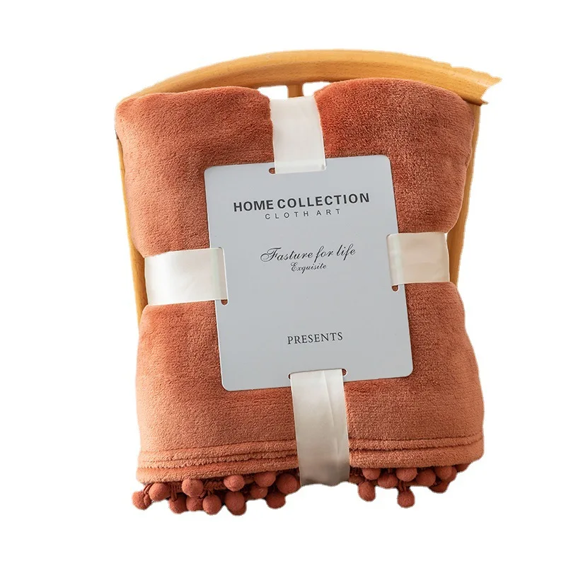 Reactive Printing and Dyeing Eco-friendly Flannel Blanket Four Seasons Super Soft Short Plush Tassel Ball INS Style Blanket