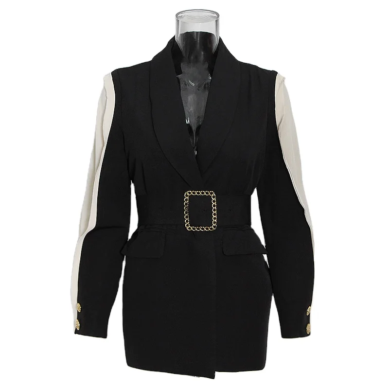 square buckle belt waist suit 2022 autumn and winter blazer new contrast color splicing line sense simple shorts coat