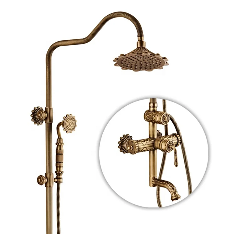 Luxury Antique Brass Shower Faucet Set European Style Exposed Shower Mixer