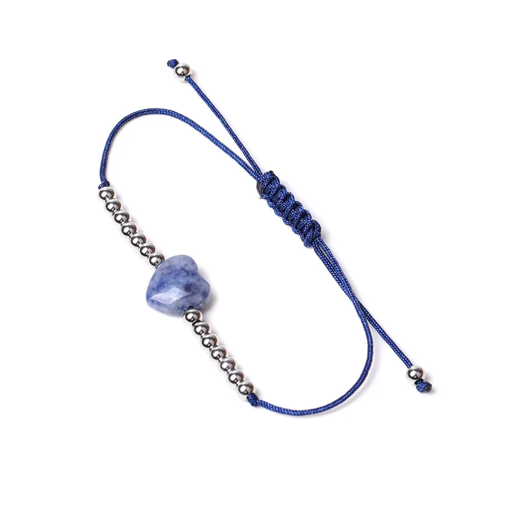 Simple 4mm stainless steel bead ball nature stone heart shaped charm pendant bracelets adjustable rope woven bracelet for woman
