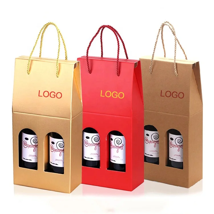 Custom logo Kraft paper cardboard 2 wine package bottle box packaging for single wine bottle