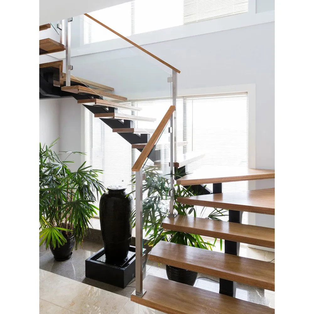 CBMmart Top Selling Modern Design Black Stringer European Beech Solid Wood Tread Glass Railing Staircase Stairs
