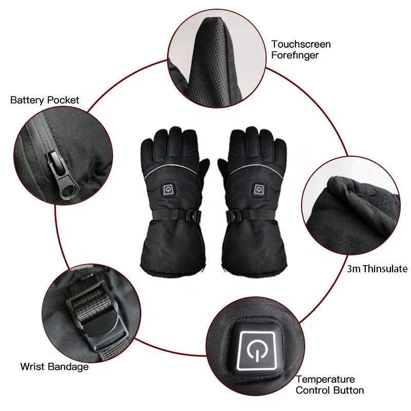7.4V Lithium USB Electric Battery Heated ski Gloves with 3 level temperature