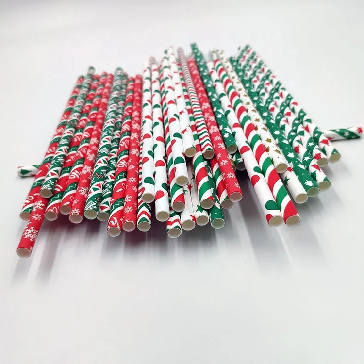 Biodegradable Paper Drinking Straws Stripe Red Green Dot Paper Straws Christmas Party Supplies