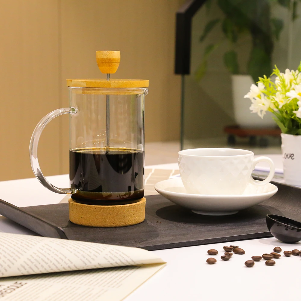 Durable Stainless Steel Heat Resistant New Style French press Bamboo Lid and Bottom Glass Coffee & Tea Pot