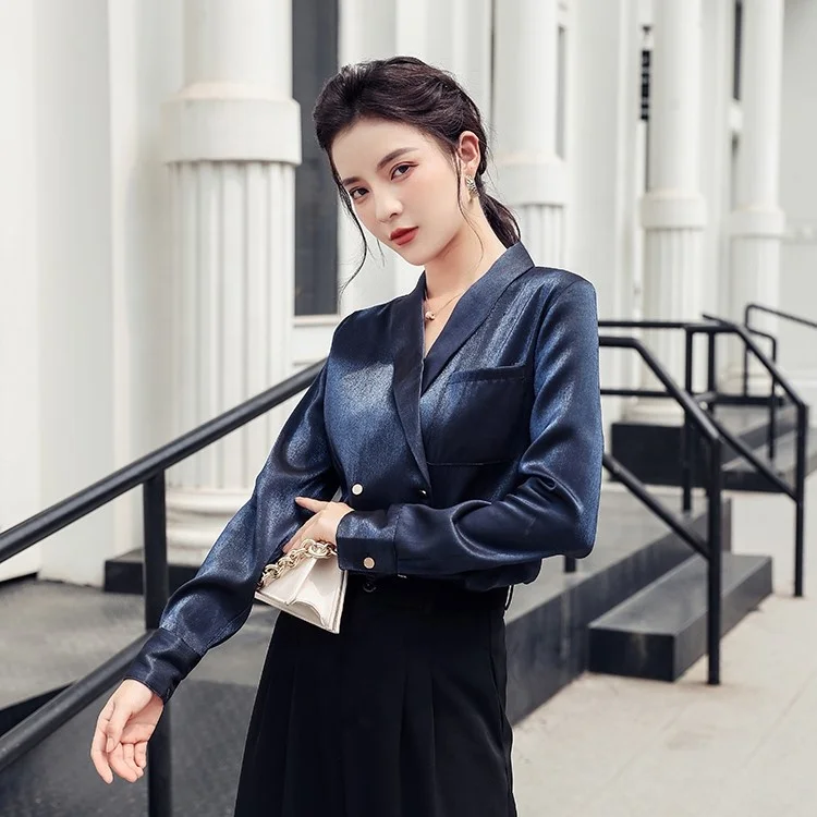 
2020 Wholesale Latest Design French Suit V-neck Satin Long-sleeved Design Shirts Women Western Style Office Wear Blouses 