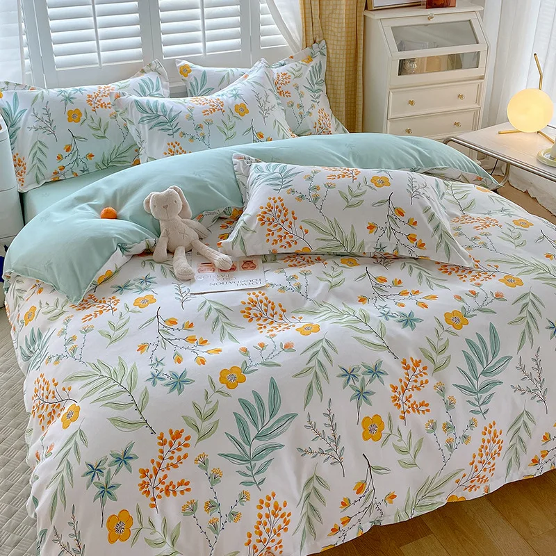 Four-Piece Bed Sheets Plant Printed Floral Duvet Cover Set Quilt Cotton Bedding Set
