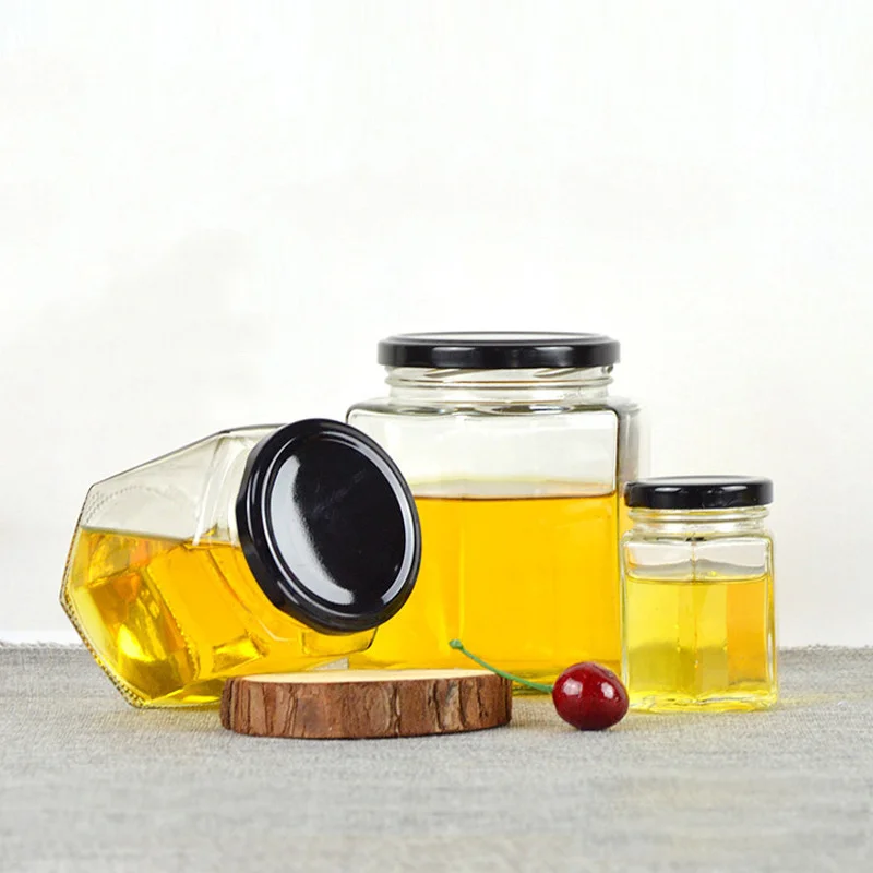 Factory Made Empty Hexagon Honey Jar Glass Food Storage Packaging 180ml 280ml Glass Bee Honey Jars