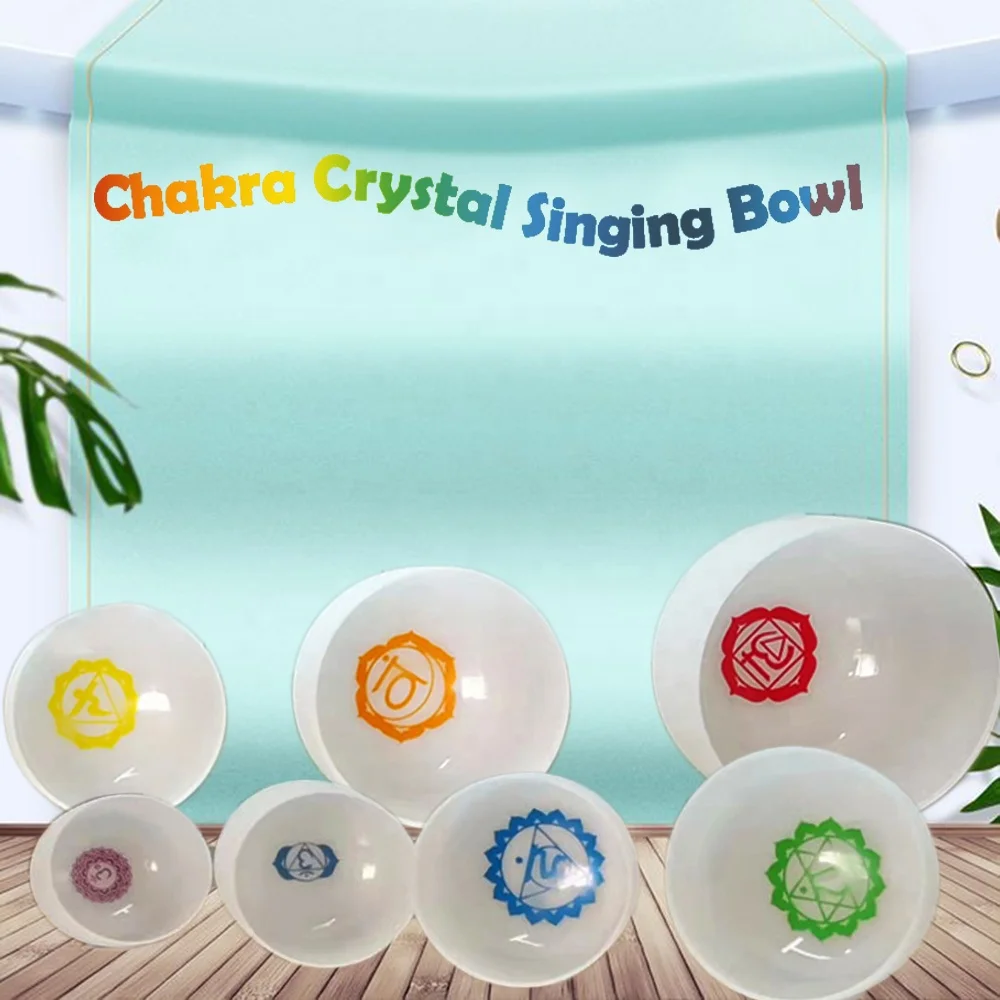 8 To 14 Inch Seven Color Chakra Pattern Crystal Singing Bowls Set With Case For Sound Healing