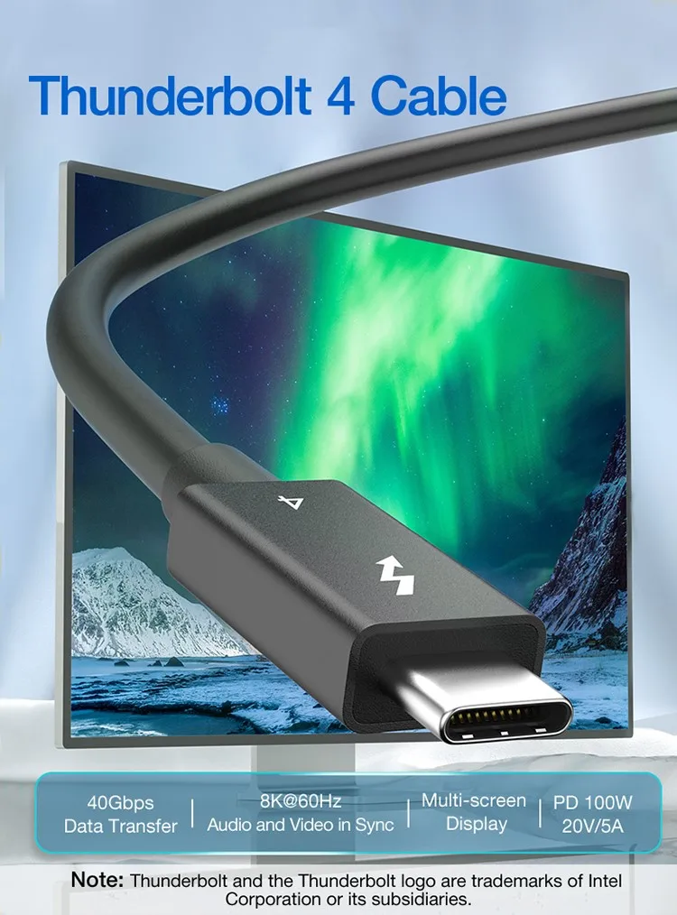 Thunderbolt Cable QGeeM Thunderbolt 3/4 20/40Gbps with Intel Certified Cable 5A 8K@60Hz USB 4 Compatible with More Type C Device
