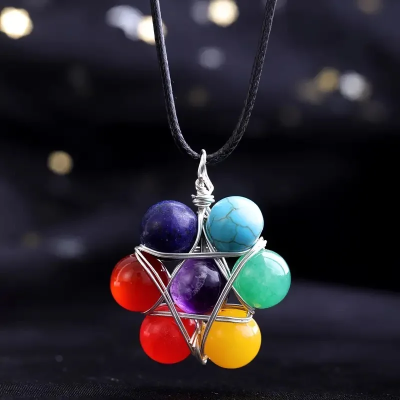 Natural Crystal Bead Hexagram Pendant Chakra Crystal Stone Bead Pendant for Healing Gift