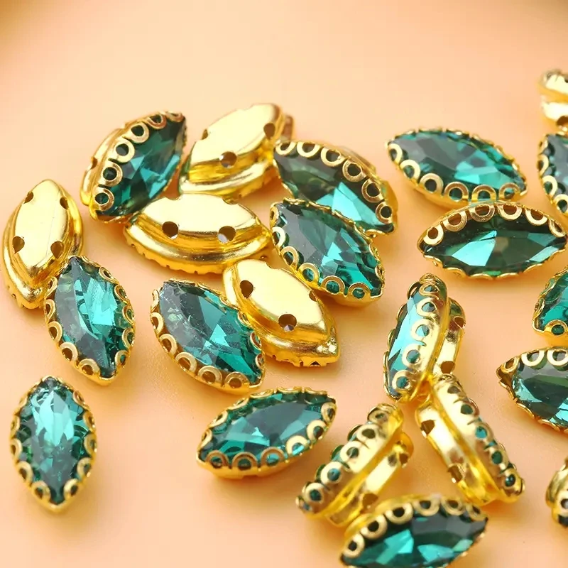 Hot Sale Popular Marquise Rhinestone with Golden Lace Claw Sew On Glass Gem Stone for Jewelry Making Garment