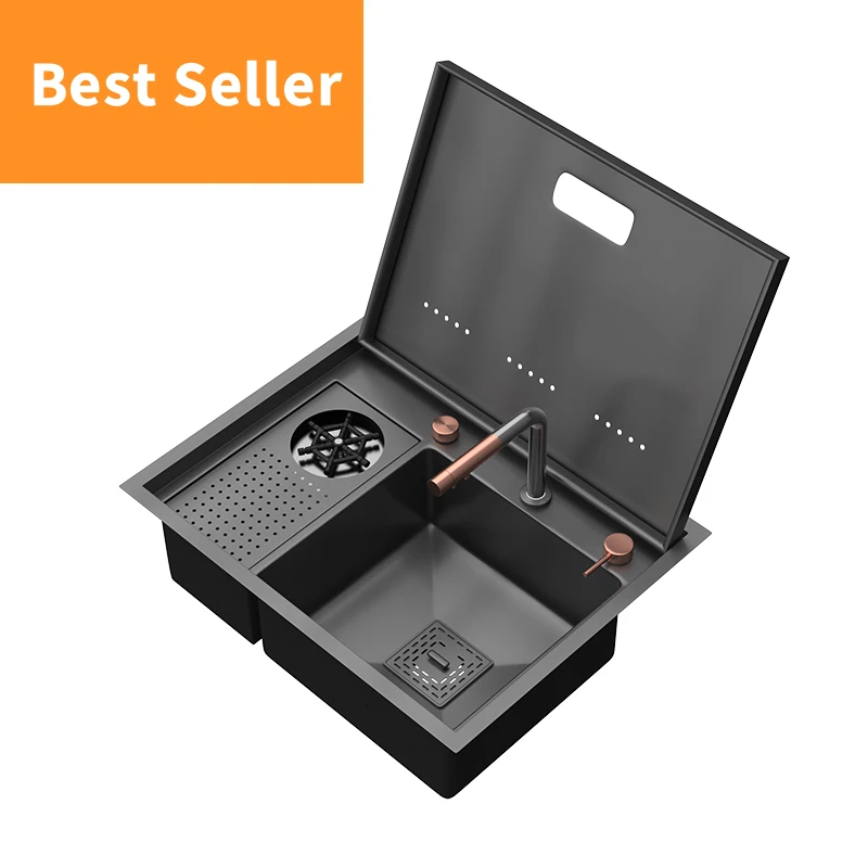 PVD Black Smart Hidden Bar kitchen Sink Stainless Steel 304 Multifunctional Handmade Kitchen Workstation Sink With Cup Rinser