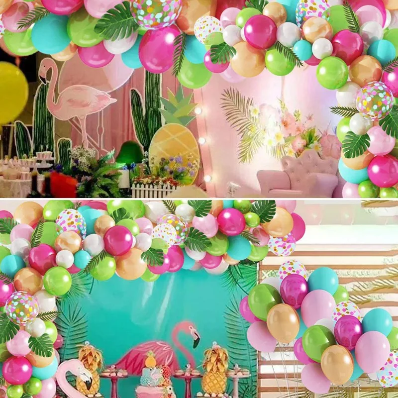 Hawaii Tropical Style Carnival Summer Holiday Palm Leaves Green Fuchsia Fruit Pitaya Color Latex Balloon Garland Arch Set