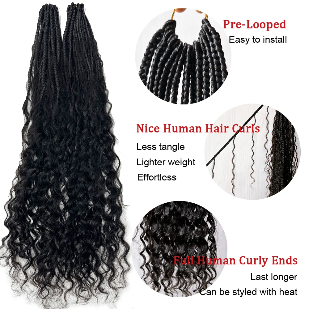 Pre looped Human Braiding Hair Crochet Boho Box Synthetic Braids with Raw Virgin Indian Human Hair Curly