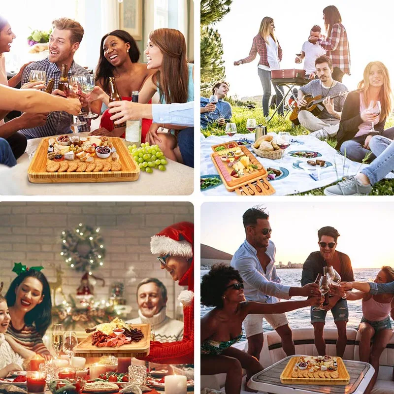 Natural Bamboo Unique Charcuterie Platter Bamboo Cheese Board Charcuterie Board and Cutlery Set