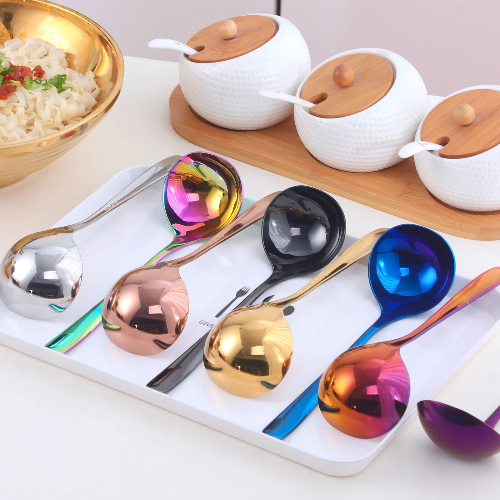 Korean Soup Spoon Colorful Tableware Stainless Steel Chinese Soup Spoon For Dinner Home Kitchen