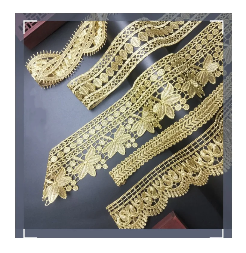 High Quality Luxury Gold Lace Trim Water Soluble Embroidery Floral Lace Ribbon Fabric for Wedding Dress Clothes Decoration