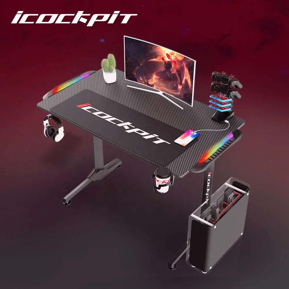 Saitu New Design Professional Gaming Light Desk L Shape Computer PC Table Escritorio Gamer Rgb Gaming Desk with Free Mouse Pad