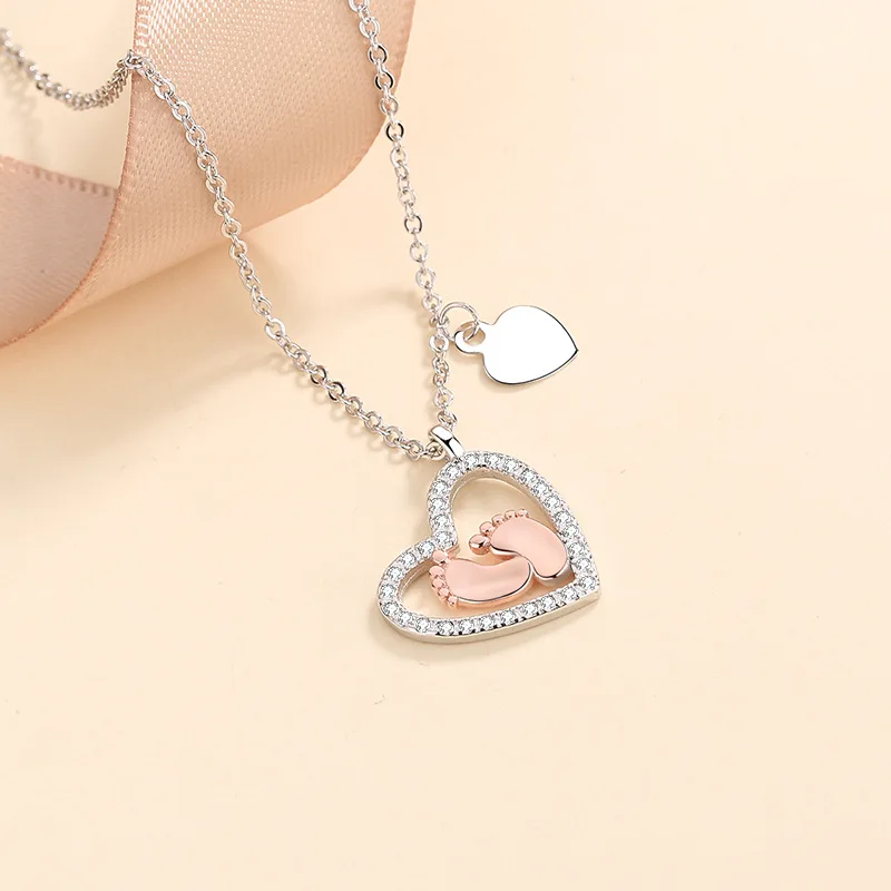 S925 heart sterling silver baby footprint love necklace pendant clavicle neck chain for women