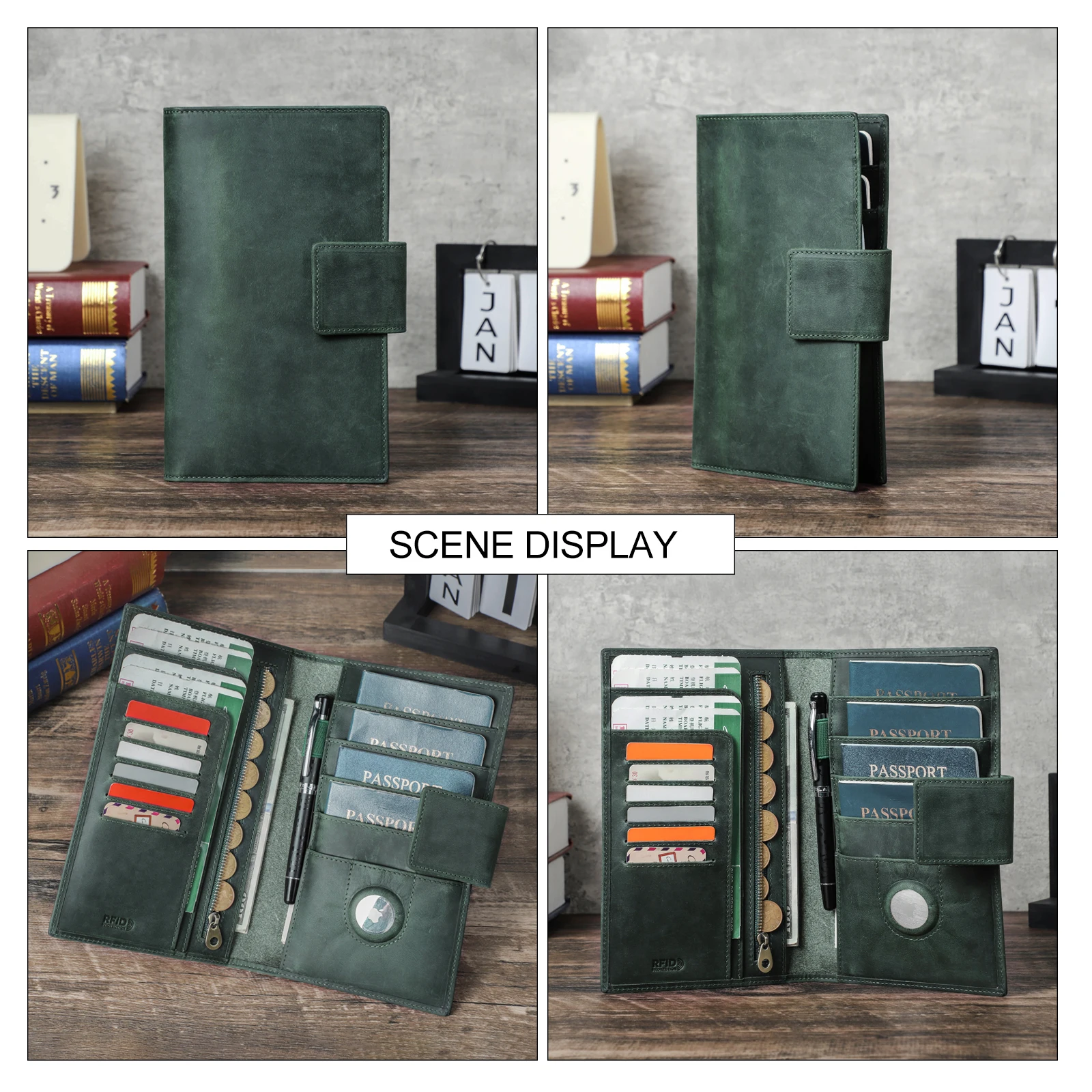 Vintage Clasp Design Crazy Horse Leather Family Travel Wallet Rfid Passport Card Holder Organizer Clutch With Zipper Coin Pocket