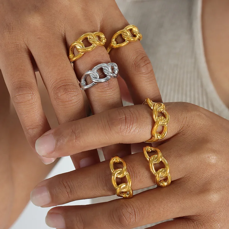 wholesale Trendy 18k Gold Plated Tarnish Free Ring Chain Shape Open Gold Finger Adjustable Ring For Women Girls Jewelry