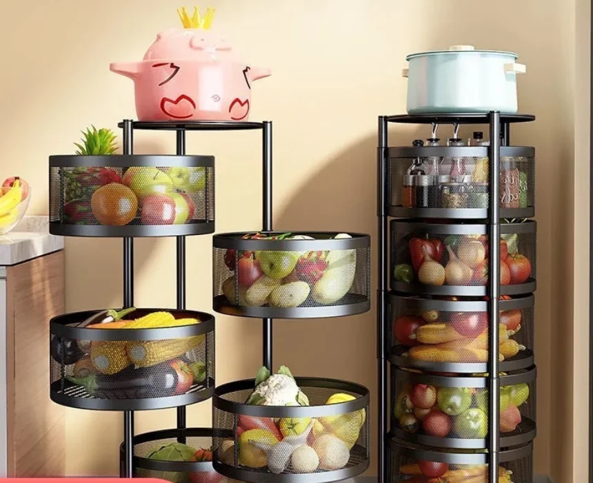 Floor-standing round rotating rack Kitchen multi-layer trolley Vegetable and fruit pots and pans storage storage basket