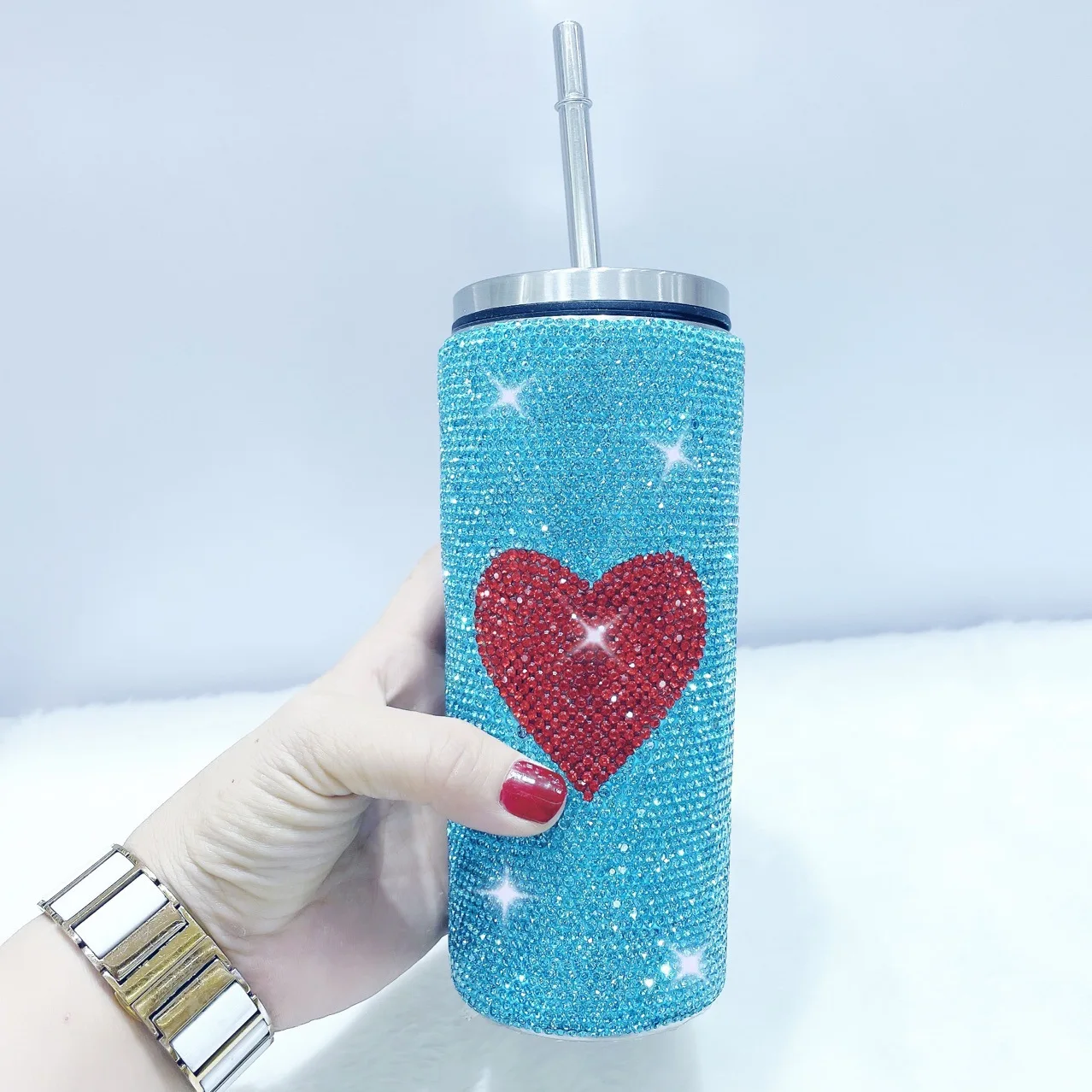 Luxury Fashionable Custom Drink Bottle New Bling Bling Rhinestone Drink Glass Stainless Steel Water Bottle With Straw
