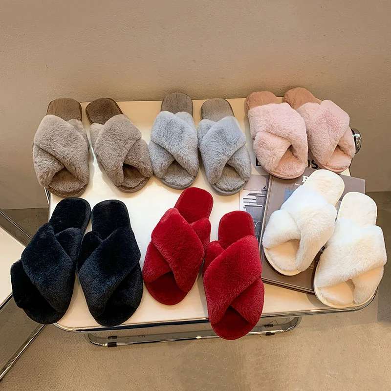 Winter Home Slippers Shoes Ladies Cross Soft Plush Furry Female Open Toe Slides Women Warm Faux Fur Slippers