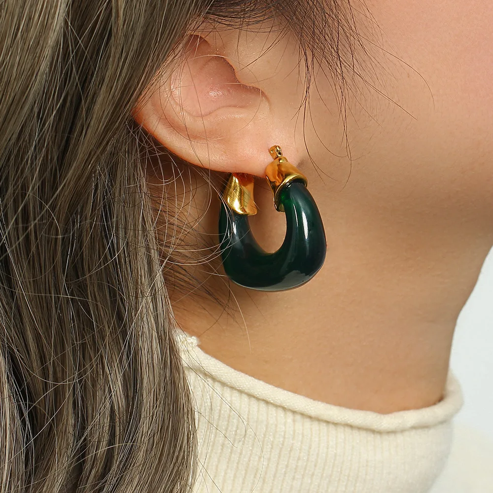 Fashion Luxury New Design 18k Gold Plated Colorful Chunky Acrylic U Shape Hoop Earring Stainless Steel Jewelry