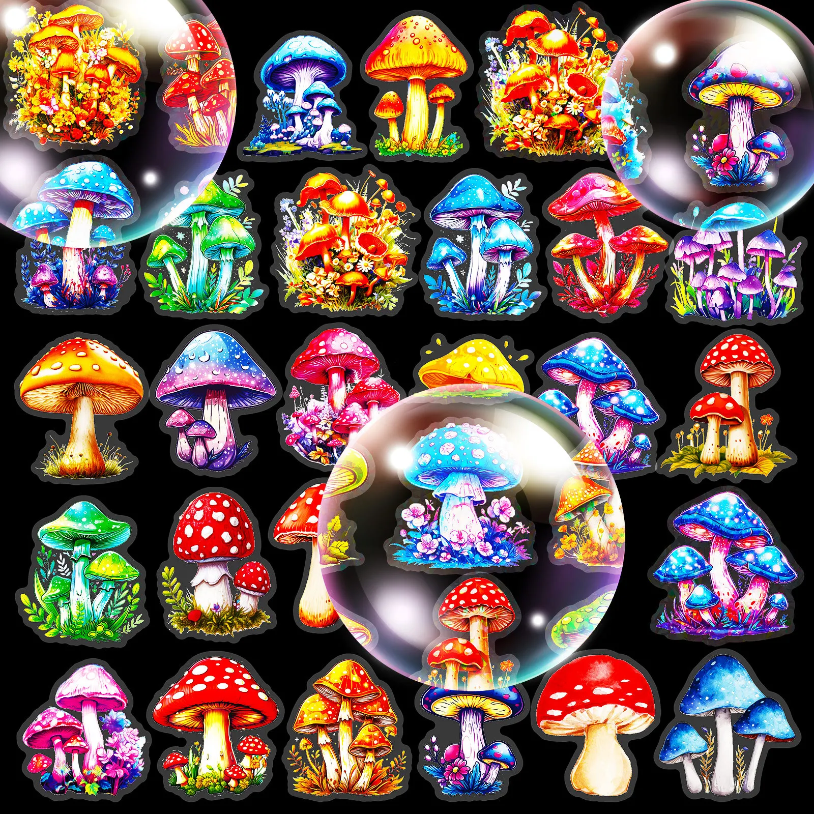 50 Pcs various mushroom PET stickers creative mushroom themed tent decoration stickers waterproof retro plant mushroom stickers