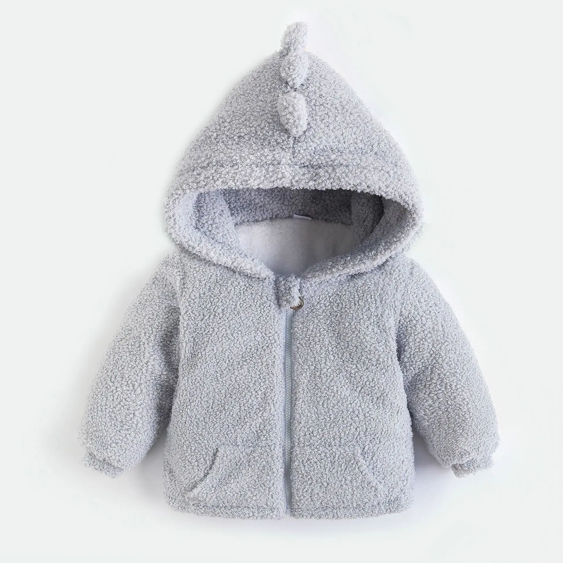 quality custom logo designer Cute lint-free baby plush coat outwear dinosaur shape softshell kids fur fleece hoodie jacket