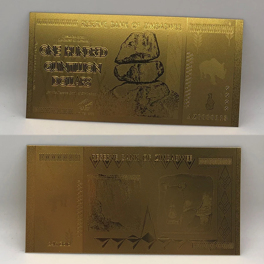 1000pcs 24K Gold Plated Banknotes 100 Trillion Dollar Zimbabwe Banknote Buffalo Bill in Plastic Material with COA