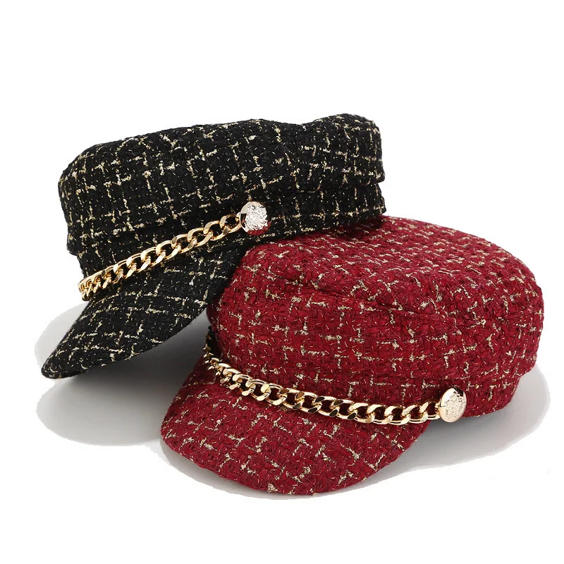 Ready To Ship Classic Women British Flat Top Army Cap Fashion Plaid Chain Military Hat Vintage Newsboy Beret Wholesale