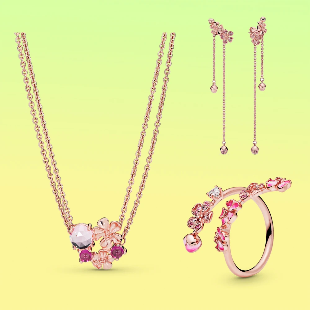 2024 NEW 925 Sterling Silver Rose Gold Plant Colorful Cool Flower Pattern Charm Fit DIY Bracelet Jewelry Women Fine Jewelry Sets