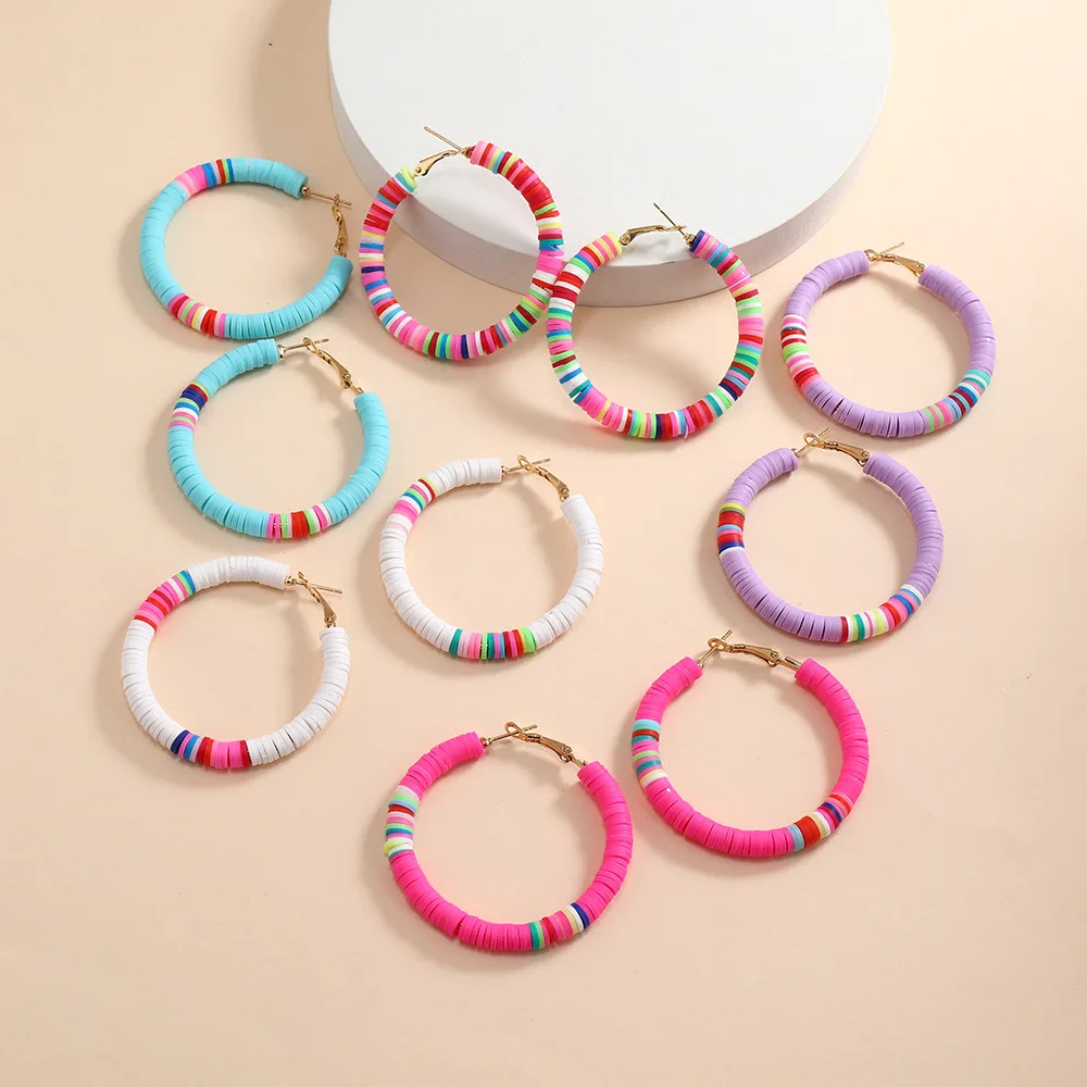 Lightweight Summer Big Hoop Earrings Rainbow Boho Beaded Hoop Huggie Polymer Clay Earrings For Women