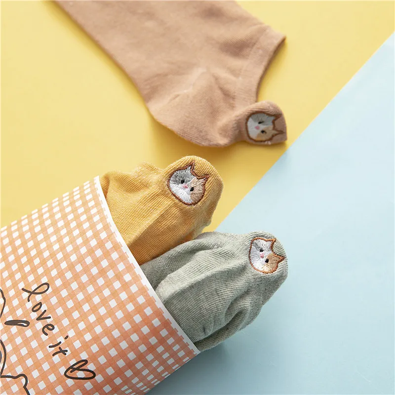 5 Pairs Women Socks Cotton Cute Cartoon Animal Cat Fox Dog Red Heart Female Boat Ankle Socks Short Ear Socks Slippers Summer