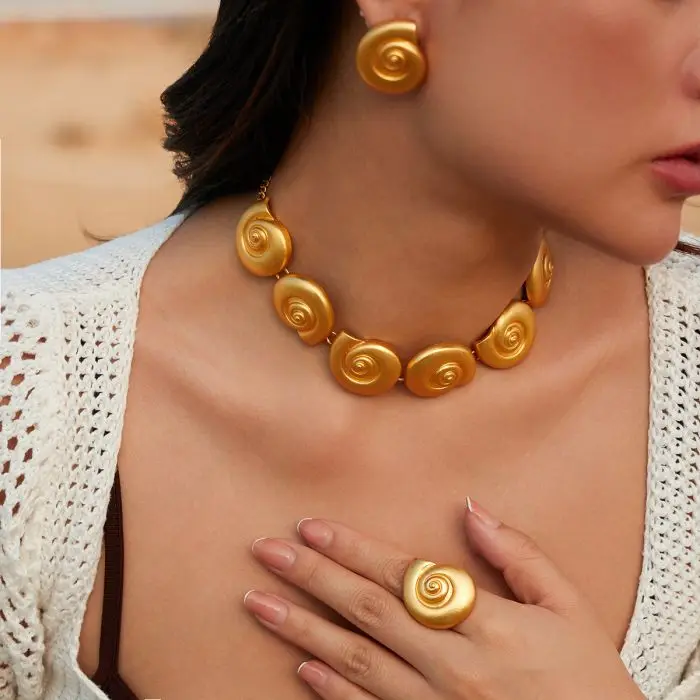 New big Gold color Bohemian conch spiral stud earrings ring necklace Fashion Jewelry set Accessories For Women