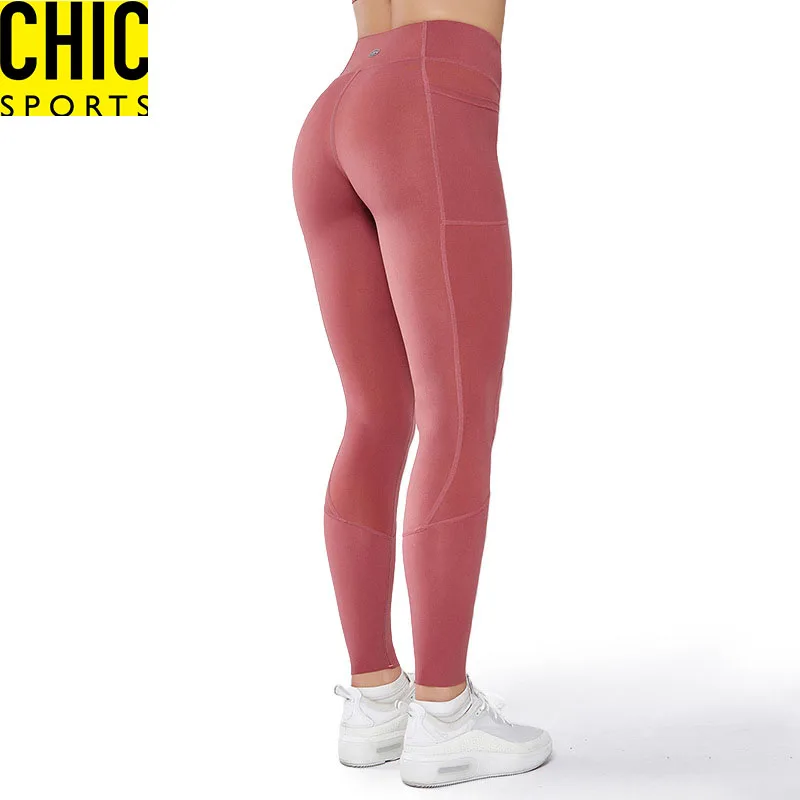 
New Style Stitching Pocket Double-Sided Nylon High Elastic Tight Sports High Waist Fitness Yoga Pants For Women 
