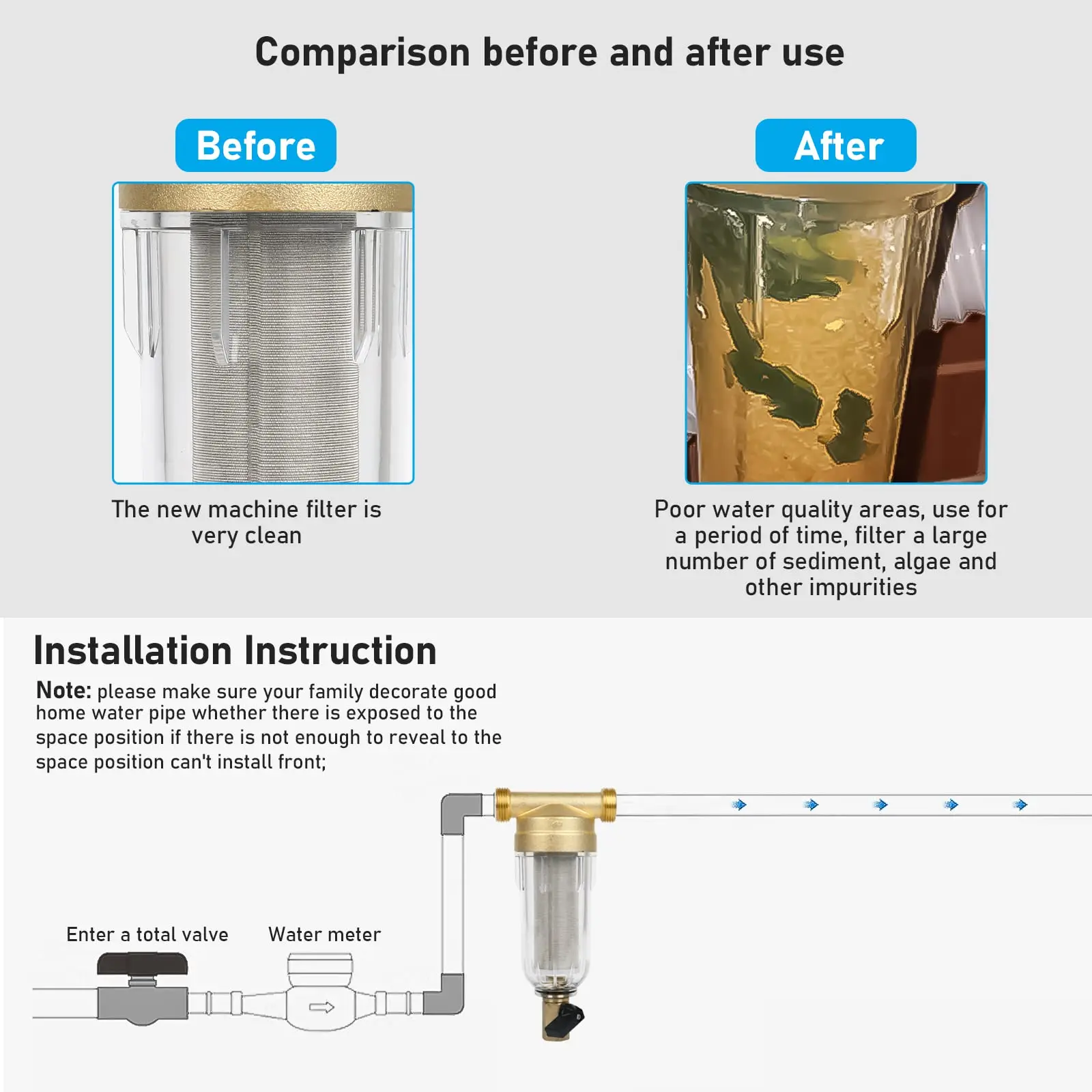 Home Water Main Line Pure Filter Ss Mesh Water Pre Filter 40 Micron Central Sediment Water Filter