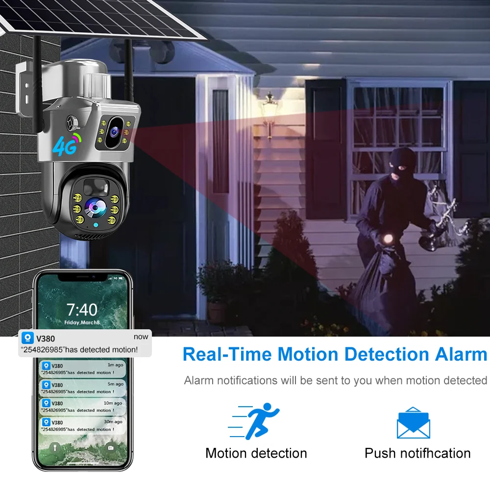 V380 4mp 4G Solar Dual Lens Ptz Camera Cctv Security 4G Outdoor Solar PTZ Camera 4G Dual Lens Solar Security Camera