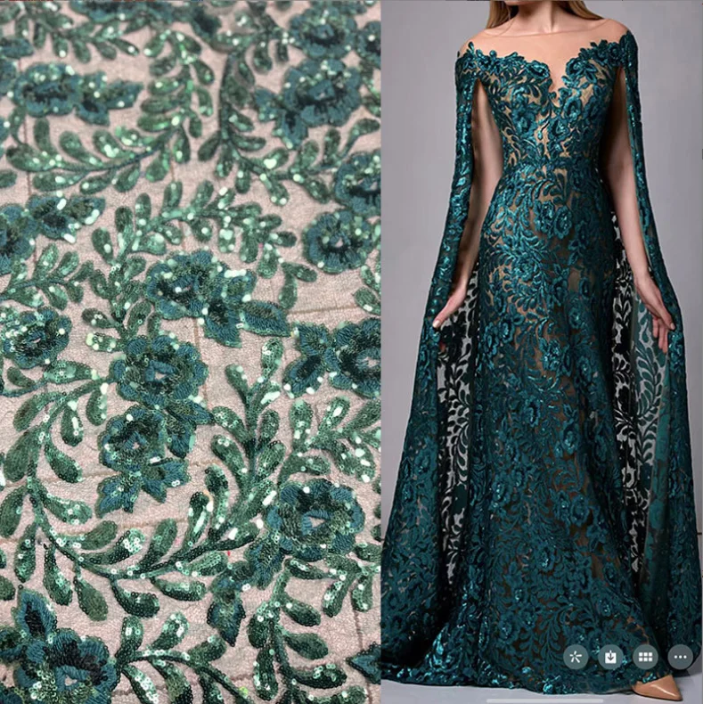 LIHUAN green Sequin Lace Fabric African Lace European and American Wedding Dress Fashion Embroidered Fabric for evening clothing