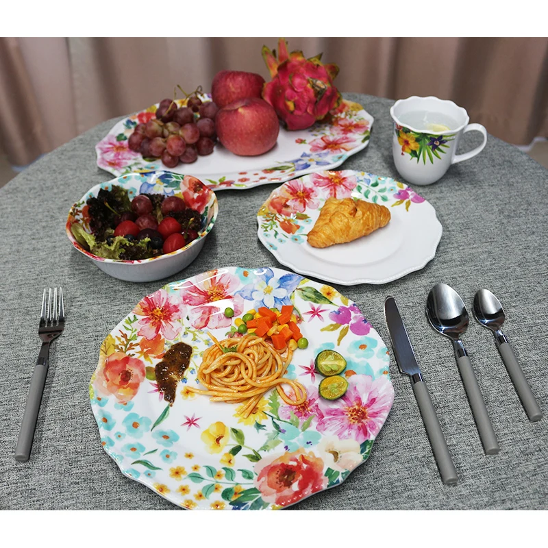 vintage tropical design table ware flower melamine shape plastic party plate platter