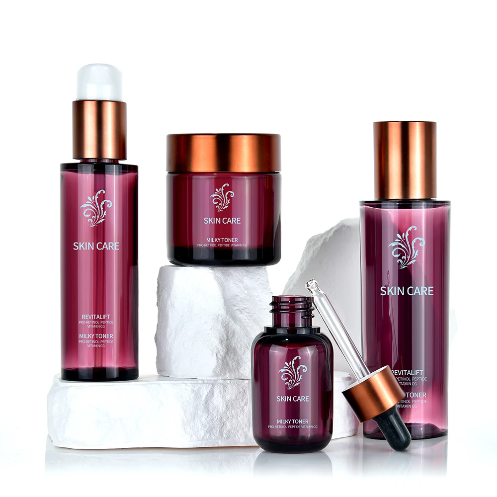 Wholesale Cosmetic Purple Plastic Skincare Packaging 30ml 50ml 110ml Plastic Toner Emulsion Lotion Serum Essence Bottle and Jar