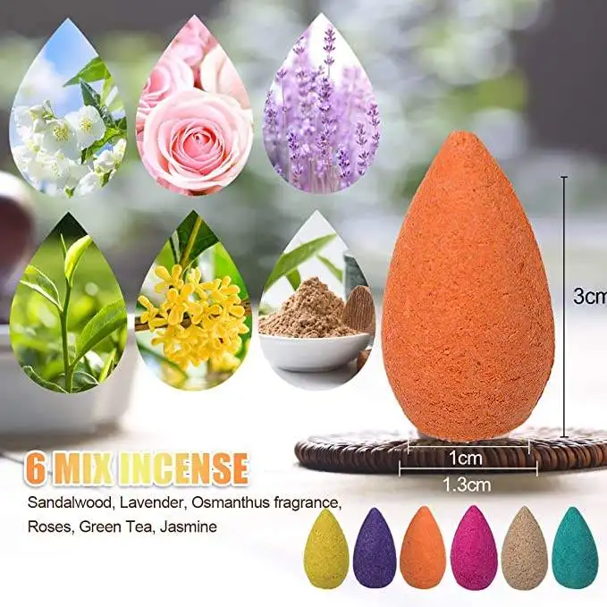 Hot Sale Mixed Color Waterfall Incense Burner Cones Lavender Green Tea Jasmine Rose Wormwood Sandalwood Backflow Incense Cones