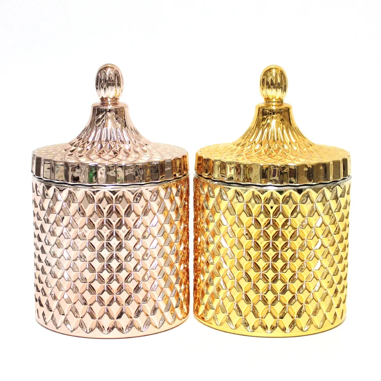 Hot sale luxury candle jars gold electroplated Geo cut glass candle jars for candle making