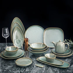 Luxury Royal Horeca Tableware Western Coffee Tea Set Dinnerware Sets Reactive Green Glazed Luxury Porcelain Dinner Set