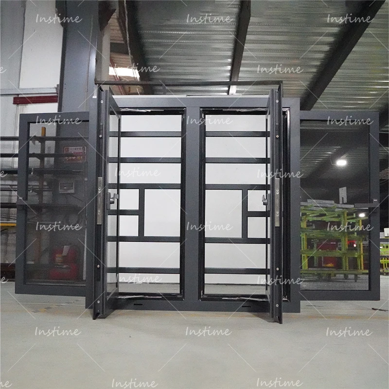 Instime Promotional OEM Golden Supplier Factory Custom Grill Design Tempered Glass Aluminum Vertical Window For Home